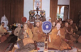Sangha members from both the Northern and Southern traditions unite at the Amaravati Buddhist Centre in England, 1990